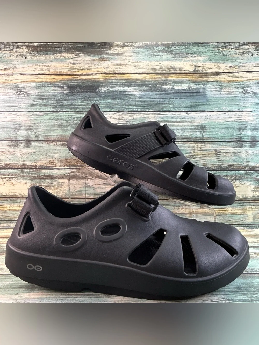 OOFOS OOcando Recovery Sandals Size 11 Black Rubber Hook & Loop Strap Water Shoe